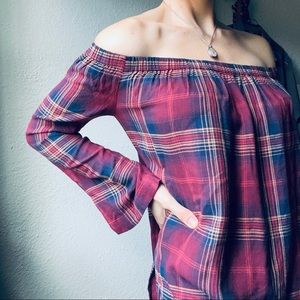 Anthro Cloth & Stone Red Plaid Off the Shoulder